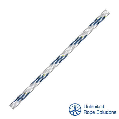 Bijelo-plava konopna dinamika LIROS Performance Dynamic plus Dyneema O10mm, dizajnirana za vrhunske performanse u alpinizmu i spustu.