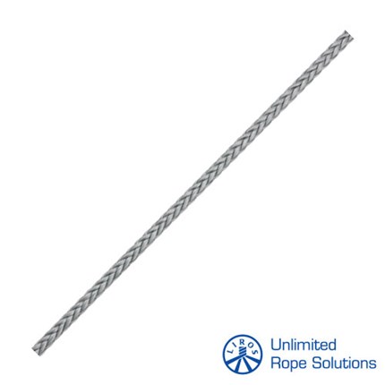 Srebrna konopna vija od 4 mm, dizajnirana za upotrebu u plovilima, s logotipom Unlimited Rope Solutions u donjem desnom uglu.