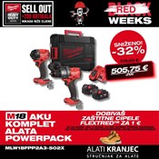 MILWAUKEE 18V AKU KOMPLET ALATA POWERPACK, u X koferu sa 2x5Ah baterijama i punjačem (M18FPP2A3-502X - 4933480873)