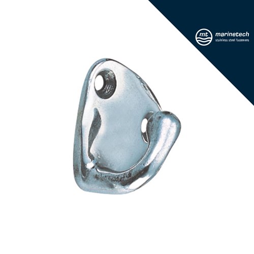 Polirana nehrđajuća čelična A4 jednostruka kukica za montažu s dva vijka, dizajnirana za trajnu upotrebu u morskim uvjetima.