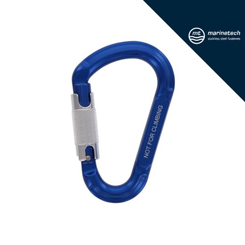 Plavi aluminijski karabin s tekstom "NOT FOR CLIMBING" i srebrnim zatvaračem, dizajniran za industrijske svrhe.