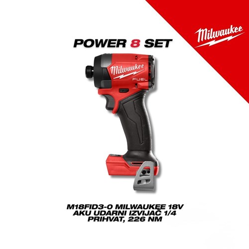 Milwaukee Power 8 Set prikazuje crveni i crni udarni izvlačak M18FID3-0 s prihvatom od 226 Nm, dio kompletnog seta za profesionalnu upotrebu.