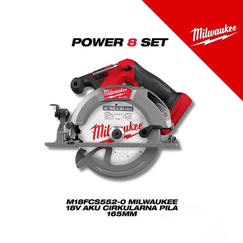 Milwaukee Power 8 Set prikazuje crveno-sivu 18V akumulatorsku cirkularnu pilu M18FCS552-0 s 165mm diskom, namijenjenu za profesionalnu upotrebu.
