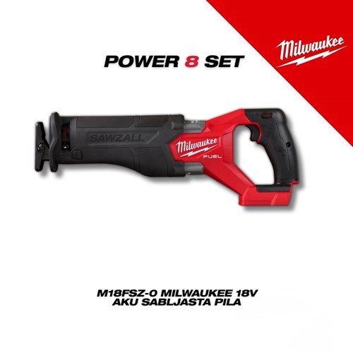 Milwaukee Power 8 set prikazuje crveno-crnu sabljastu pilu M18FSZ-0 s logotipom Fuel, dizajniranu za profesionalnu upotrebu u građevinarstvu.