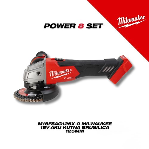 Milwaukee Power 8 set prikazuje kutnu brusilicu M18FSAG125X-0 s crvenim i crnim kućištem, logotipom Milwaukee Fuel te detaljima o 18V akumulatoru i 125mm promjeru, uz tekstualne informacije o modelu i specifikacijama.