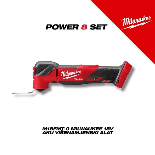 Milwaukee Power 8 Set prikazuje crveno-crni višenamjenski alat M18FMT-0 s nazivom "Milwaukee 18V AKU Višenamjenski Alat" ispod, uz logotip brenda u gornjem desnom kutu.