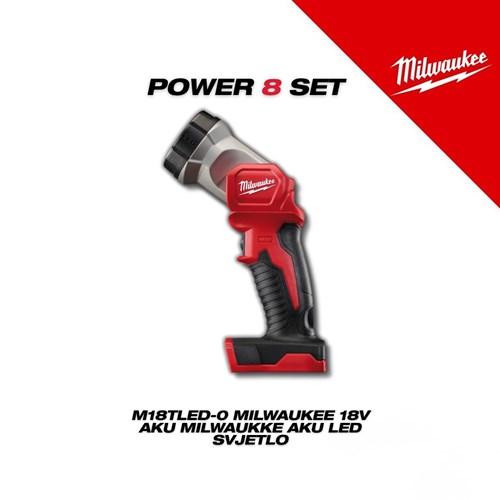 Milwaukee Power 8 Set prikazuje crveno-sivi LED svjetlo M18TLED-0 s ergonomskim ručkom i baterijskim držačem, dizajnirano za profesionalnu upotrebu u radnim uvjetima.
