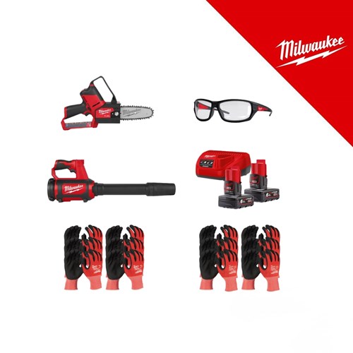 Milwaukee Big Red promo set s pet besplatnih dodataka: ručna motokosa, naočale, ručni čistač, baterije i četiri vrste noževa.