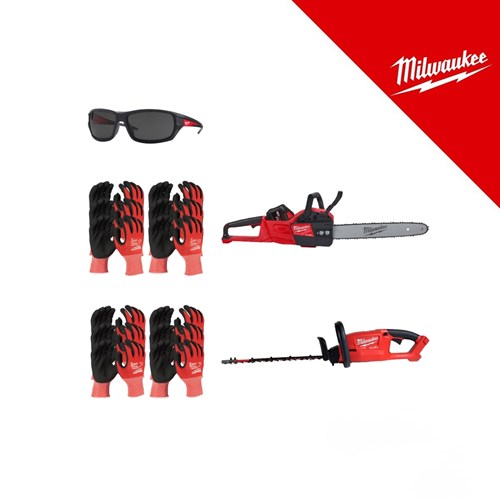 Milwaukee Big Red promo set sadrži dva crvena M18 motorna alata, četiri para crveno-crnih rukavica i par sunčanih naočala.