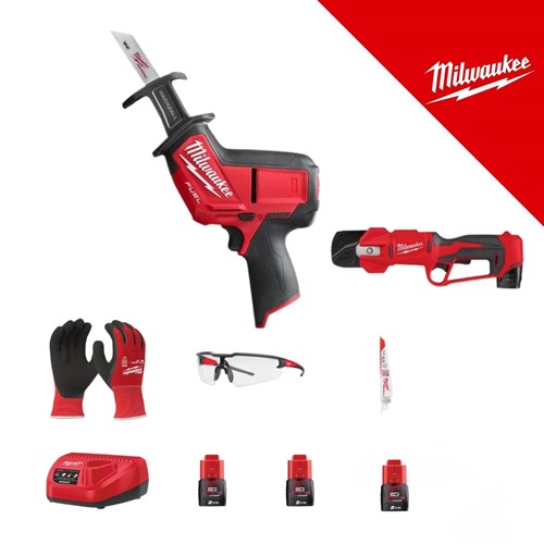Kompletni vrtarski set alata Milwaukee M12 prikazuje crvenu i crnu pilu za višenamjensku upotrebu, baterije, punjač, rukavice, naočale i dodatne komponente.