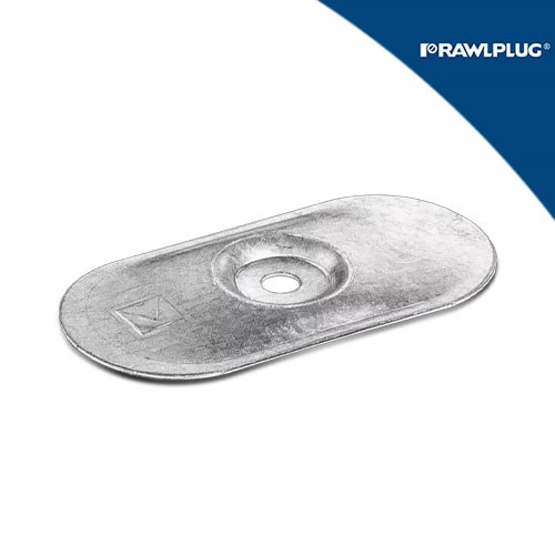 Ovalna metalna podloška plitka ova, dimenzija 82x40mm, debljine 7mm, s centralnim otvorom i logotipom proizvođača.