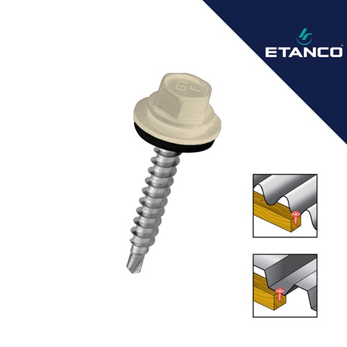 Fasadni vijak Etanco GTF 4.8x35 RAL 1015 Krem s prikazom primjene na metalnoj fasadi.