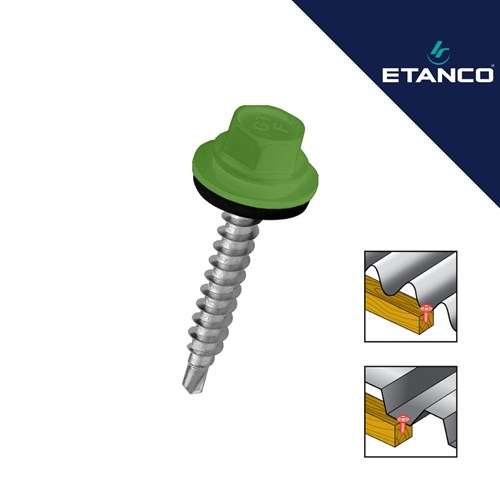 Zeleni fasadni vijak Etanco GTF 4.8x35 RAL 6018 Svijetlo zelena s detaljnim prikazom montaže na metalnu površinu.