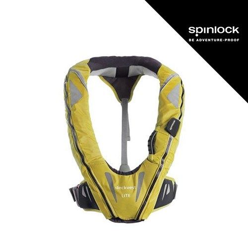 Žuti Spinlock Deckvest Lite 170N, plivajući prsluk za sigurnost na brodu, s crnim detaljima i reflektirajućim trakama.