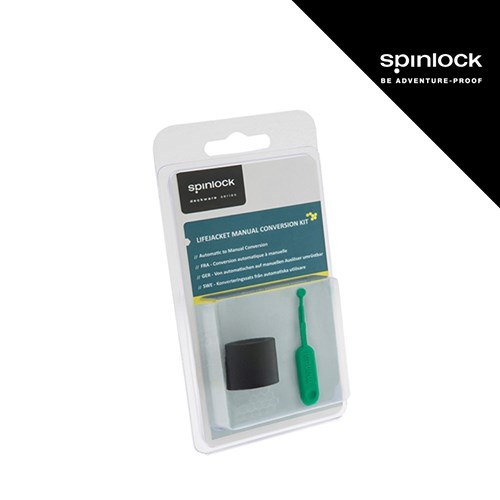 Pakirani Spinlock Lifejacket Manual Conversion Kit sadrži crni dodatak i zeleni alat za ručnu aktivaciju prsluka, s logotipom brenda u gornjem desnom kutu.