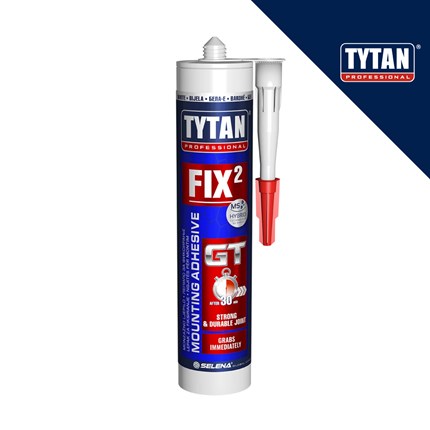 Montažno ljepilo brtvilo bijelo TYTAN PROFESSIONAL FIX 2 GT u paketu od 290 ml, s aplikacijskom cijevi i crvenim nastavkom, na bijeloj pozadini s plavim dijagonalnim elementom i logotipom proizvođača.