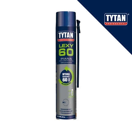 Plavi sprej za PU pjenu, model Lexy 60, s oznakom Piana i kružnim logotipom WYSOKA WARTOŚĆ 60 L, na bijeloj pozadini.