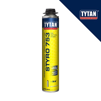 Žuti aerosolni spremnik TYTAN STYRO 753, profesionalno ljepilo za termoizolaciju, s plavim dijagonalnim logotipom u gornjem desnom kutu.