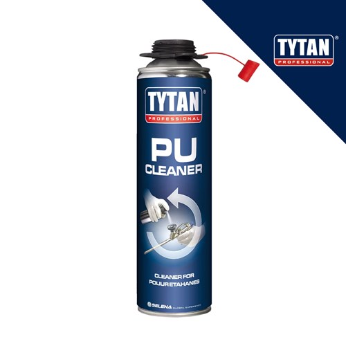 Plavi aerosolni spremnik TYTAN PU Cleaner s crvenim poklopcem i ilustracijom čišćenja, namijenjen za njegu poliuretanske pjene.