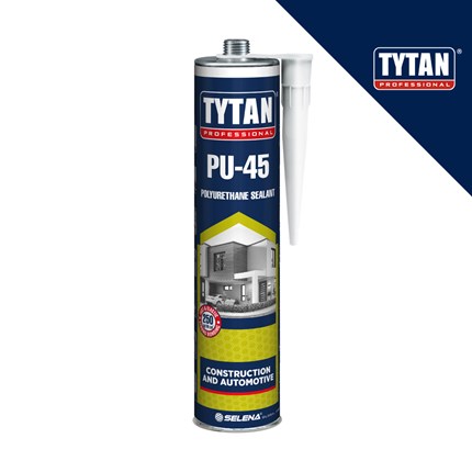 Bijela cijev TYTAN PU-45 poliuretanskog ljepila za građevinarstvo i automobilsku industriju, s logotipom proizvođača i ilustracijom moderne kuće.