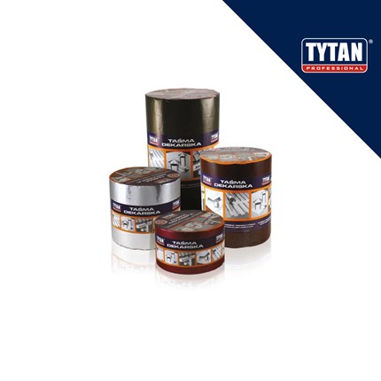 TYTAN Professional RS TAPE samoljepiva bitumenska vodootporna traka sa slojem aluminija 15cm x 10m, prikazana u četiri boje na bijeloj pozadini.
