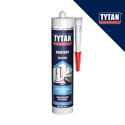 Bijeli sanitarni silikon TYTAN Professional u pakiranju od 280 ml, namijenjen za kupatila i kuhinje.