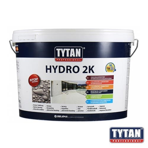Bijeli kanta s natpisom "TYTAN PROFESSIONAL HYDRO 2K" i detaljima o elastičnoj hidroizolaciji, uključujući sliku zgrade i tekstualne informacije o svojstvima proizvoda.