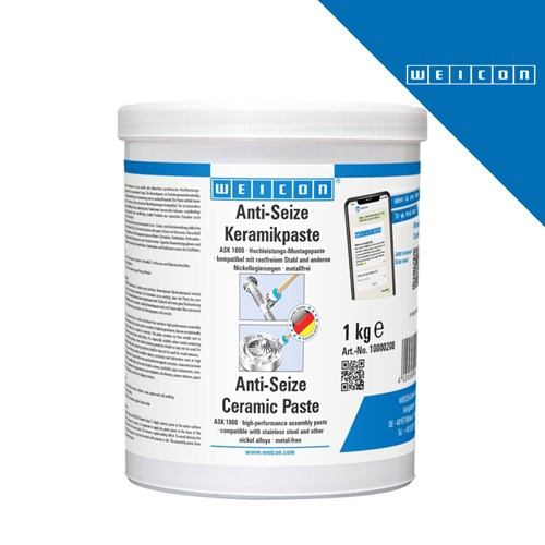 Bijeli spremnik od 1 kg WEICON Anti-Seize Ceramic Paste ASK 1000 s plavim detaljima i tekstom na njemačkom i engleskom jeziku.