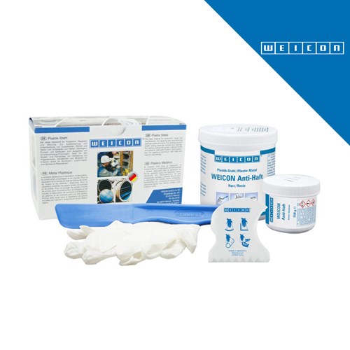 Pakiranje proizvoda WEICON Anti-Stick u volumenu od 0,5 kg, prikazano uz dodatne alate i upute za korištenje.