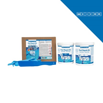 Set za popravak bazena WEICON, sadrži dvije posude od 1 kg, kartonsku kutiju s uputama i plavu lopatu, dizajniran za popravak i održavanje bazena.