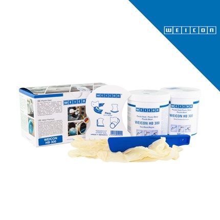 Pakiranje proizvoda WEICON HB 300 čelična pasta u količini od 1,0 kg, s dodatkom rukavica i lopatice za primjenu.