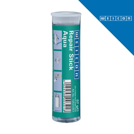 Zeleni cilindrični stik za popravak WEICON Aqua u pakiranju od 57 g, s jasnim natpisom i šifrom proizvoda.