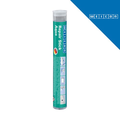 Dugačak, zeleni, cilindrični stik za popravak WEICON u pakiranju od 115 g, s natpisom "Repair Stick Aqua" i logotipom proizvođača na plavom kutu.