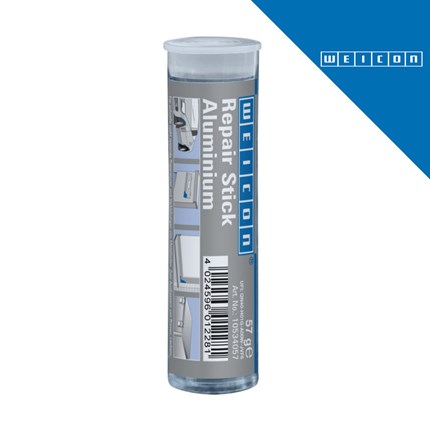Stik za reparaturu WEICON za aluminij u cilindričnoj ambalaži s prikazom primjene i logotipom proizvođača.