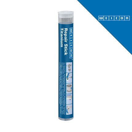 Cijev s plavom etiketom WEICON Repair Stick Titanium, namijenjena za reparaturu, prikazana na bijeloj pozadini.