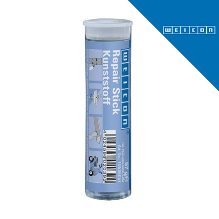 Plavi stakleni cilindar s natpisom WEICON Repair Stick Kunststoff i ilustracijama dijelova, namijenjen za popravak plastike, s logotipom WEICON u gornjem desnom kutu.