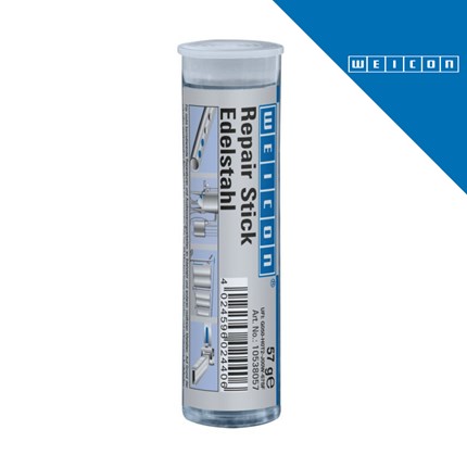 Proizvod WEICON stik za reparaturu INOX 57 g [10025658] u cilindričnoj ambalaži s logotipom WEICON na plavom pozadini.