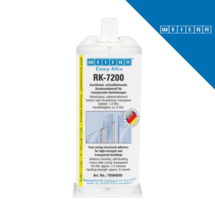 Bijela cijev WEICON Easy-Mix RK-7200 brzosušeće građevinsko ljepilo pak=50 g [10034573] s plavim i žutim detaljima na etiketi.