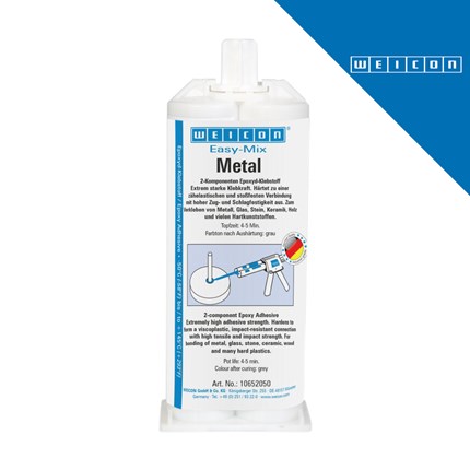 Dvokomponentno ljepilo WEICON Easy-Mix Metal 50ml u bijeloj cijevi s plavim detaljima i logotipom proizvođača na vrhu.