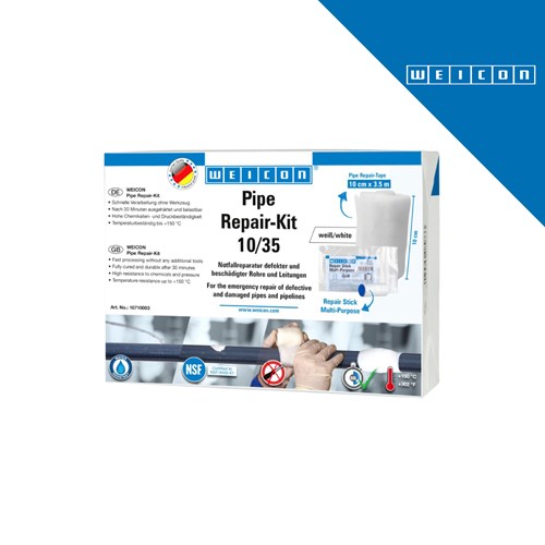 Bijeli paket za popravak cijevi WEICON 10/35 s ilustracijama ruku i cijevi, namijenjen za hitne popravke odvoda i cijevi.