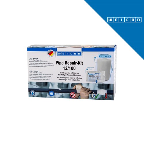 Kutija za popravak cijevi WEICON 12/100 s prikazom ruku koje vrše popravak i logotipom proizvođača.