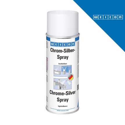 Bijela sprej bočica WEICON Chrome-Silver Spray s plavim detaljima i tekstom na njemačkom i engleskom jeziku, namijenjena za krom-srebrni sjajni učinak i antikorozivnu zaštitu.