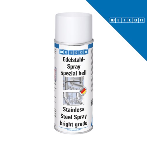 Bijela bočica s natpisom "Edelstahl-Spray" i "Stainless Steel Spray" za zaštitu od korozije, sjajna površina, 400 ml, logotip WEICON u gornjem desnom kutu.