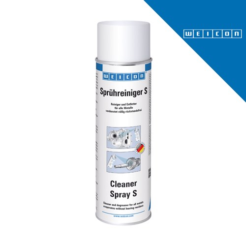 Bijeli sprej bočica WEICON-a za čišćenje, s natpisom "Sprühreiniger S" i "Cleaner Spray S", prikazuje sredstvo za uklanjanje masnoće u pakiranju od 500 ml.