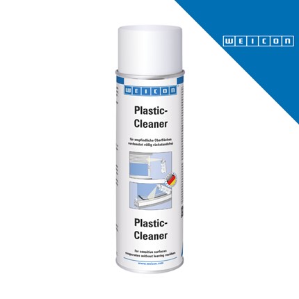 Bijela bočica WEICON Čistača plastike, 500 ml, s natpisom Plastic-Cleaner i ilustracijama korištenja na osjetljivim površinama.