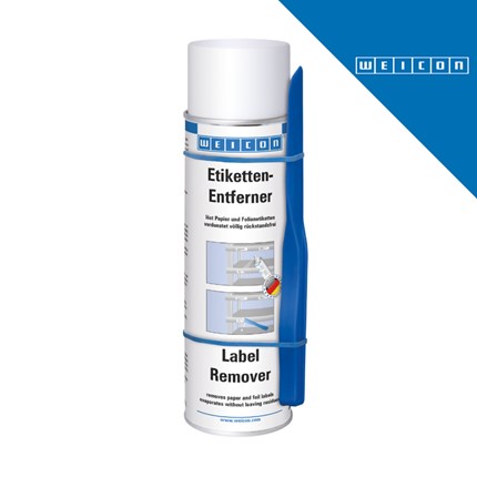 Bijela bočica sa plavim detaljima i natpisom Etiketten-Entferner i Label Remover, prikazana na bijeloj pozadini s plavim dijagonalnim elementom u gornjem desnom kutu.