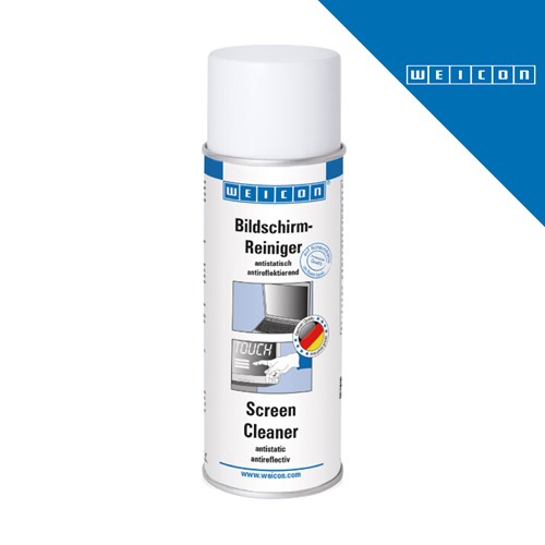 Bijela bočica s plavim detaljima i logotipom WEICON, prikazuje čistač ekrana u pakiranju od 200 ml.