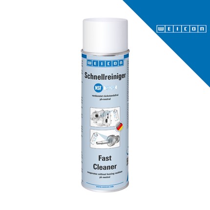 Bijela bočica WEICON Fast Cleaner, brzi čistač za industrijsku upotrebu, s natpisom Schnellreiniger i Fast Cleaner, s logotipom WEICON i oznakom NSF, s prikazom upotrebe na metalnim dijelovima, s natpisom pH-neutral, s natpisom