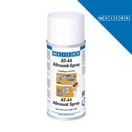 Bijela bočica spreja AT-44 Allround Spray s natpisom na njemačkom i engleskom jeziku, s ilustracijama mehaničkih dijelova i logotipom WEICON u gornjem desnom kutu.