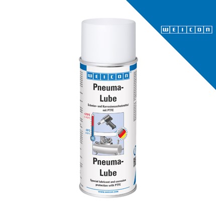 Bijela bočica WEICON Pneuma-Lube spreja za pneumatske pištolje, 400 ml, s logotipom WEICON na plavoj pozadini.